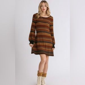 NWT UMGEE Knit Chevron Zig Zag Striped Fall A-Line Long Sleeve Sweater Dress